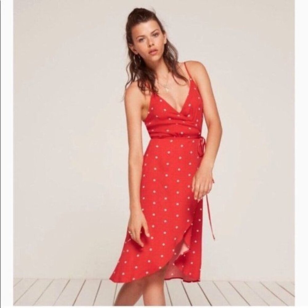Reformation Anouk Polka Dot Wrap Dress Frill Tulip - Picture 2 of 14